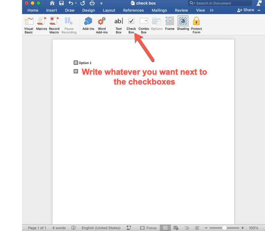add check boxes in word for mac