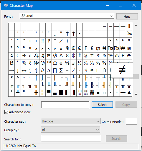does not equal symbol in word