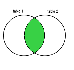 Two circles, one labelled table 1 and one labelled table 2, with a section in common. The section in common is colored in green.