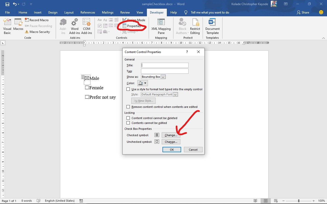 microsoft word checkbox content control table