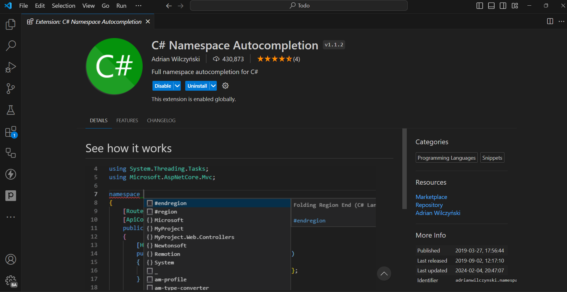 Extensions view for Namespace Autocompletion