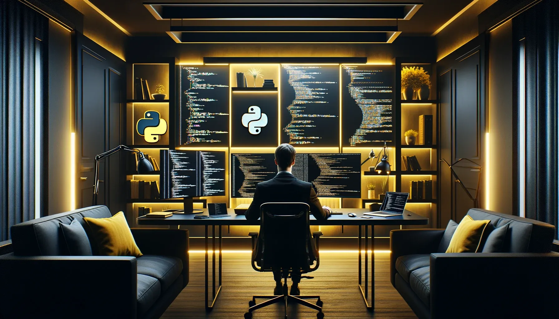 DALL-E-2024-06-02-23.04.33---A-modern--sophisticated-office-with-black-and-yellow-decor-symbolizing-luxury-and-mystery.-A-developer-is-deeply-engrossed-in-coding-Python-on-a-high-
