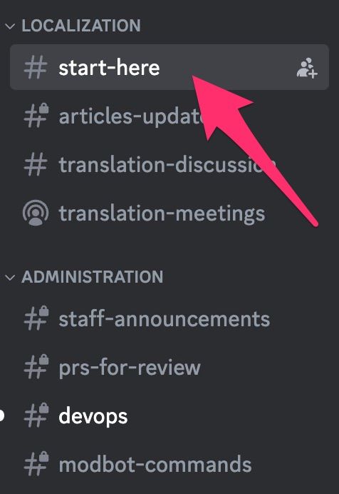 An arrow pointing to the start-here room in freeCodeCamp's Discord server