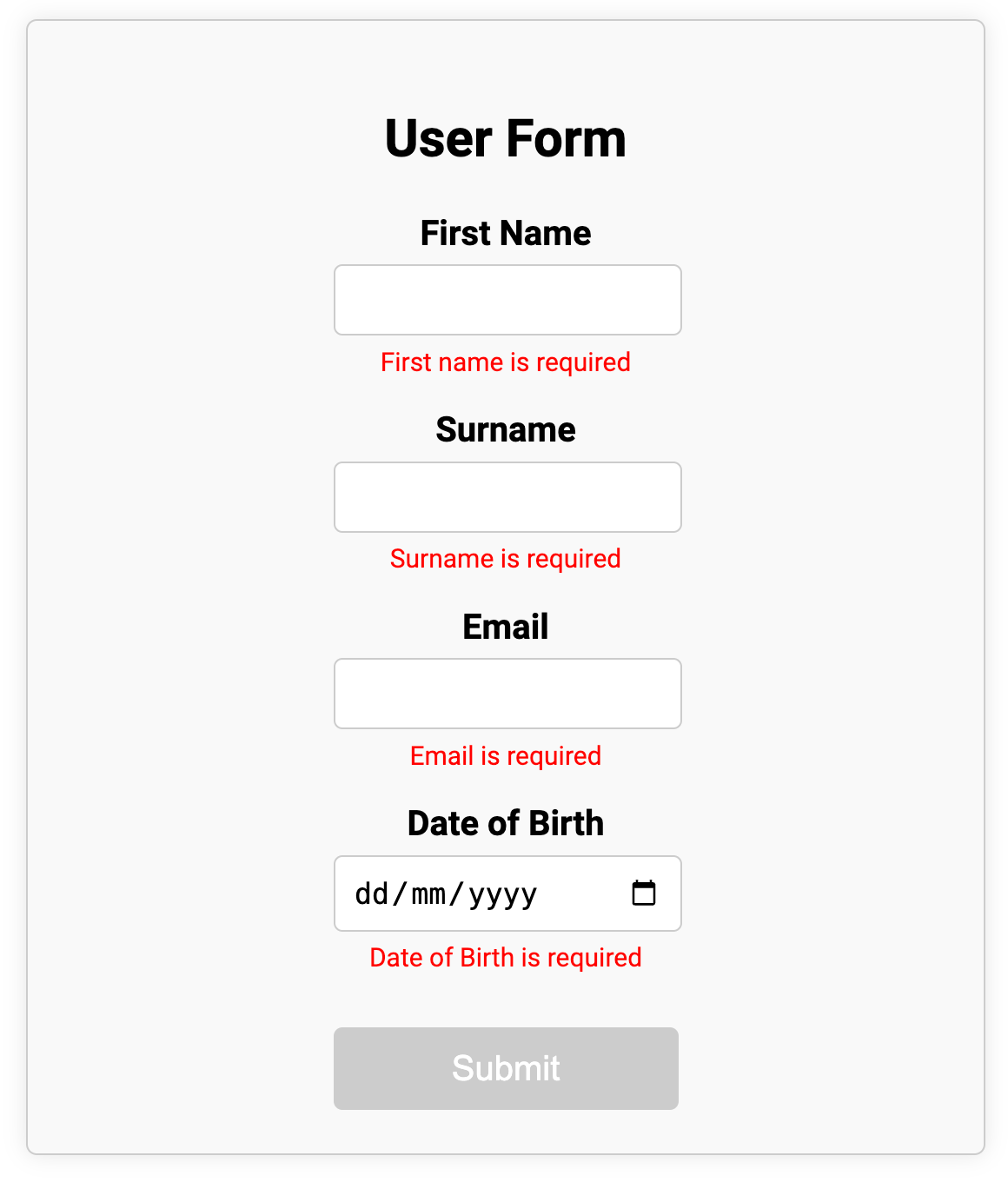 Image: Invalid Formik form showing error state