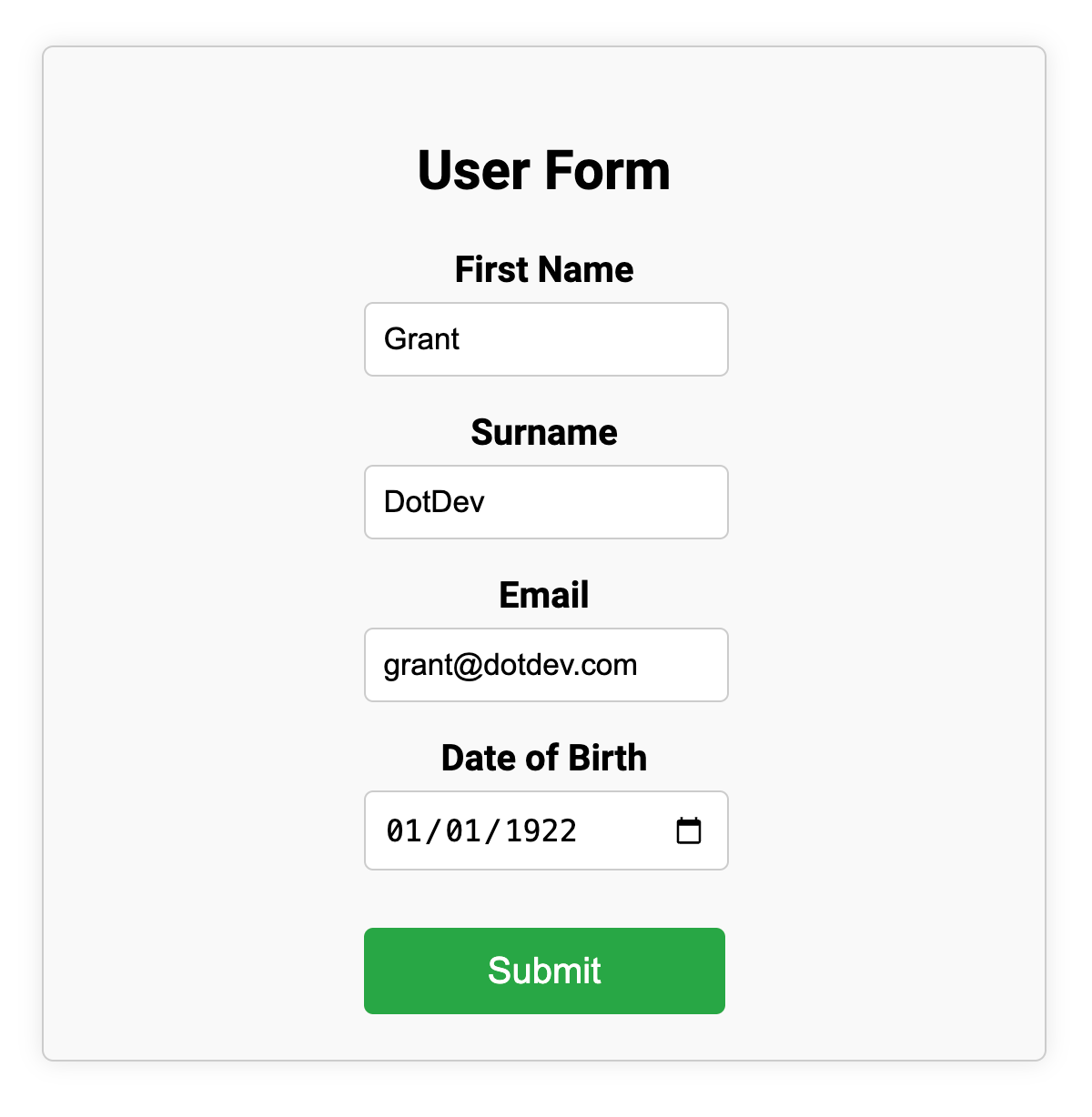 Image: Valid Formik form showing valid state